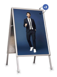 Stříbrný reklamní A stojan s ostrými rohy B1 - profil 25 mm