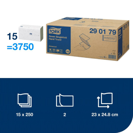 detail Ručníky skládané papírové dvouvrstvé Tork Singlefold zelené pro Tork H3 250 ks