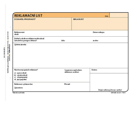 detail Reklamační list A5 100ls NCR Optys