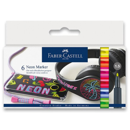 detail Popisovač permanentní Faber-Castell sada 6ks neonové