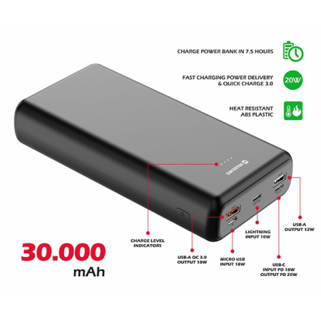 detail Power Bank SWISSTEN 30000mAh microUSB, 2x USB-A, USB-C, Lightning
