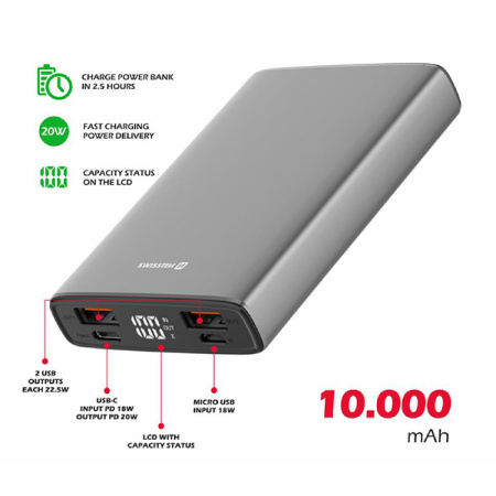 detail Power Bank SWISSTEN ALUMINUM 10000mAh microUSB, 2x USB-A, USB-C, šedá