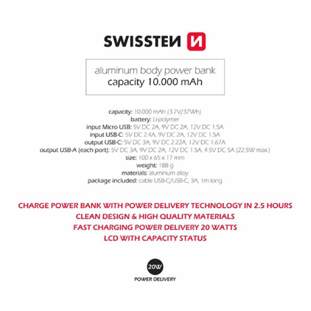 detail Power Bank SWISSTEN ALUMINUM 10000mAh microUSB, 2x USB-A, USB-C, šedá