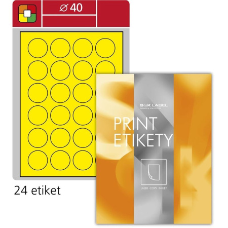 detail Etikety na archu A4 kulaté 40 mm S&K Label fluorescentní žlutá /E