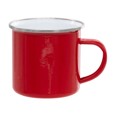 detail Smaltovaný celobarevný plechový hrnek 12 Oz - červený - stříbrný lem