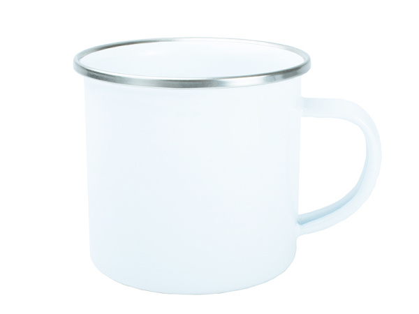 detail Smaltovaný plechový bílý hrnek 12 Oz se stříbrným lemem - bez nálepky