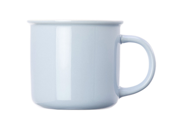 detail Světle modrý porcelánový hrnek s bílým lemem imitující smalt