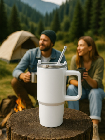 detail Bílý cestovní hrnek s plastovým brčkem - 1200 ml