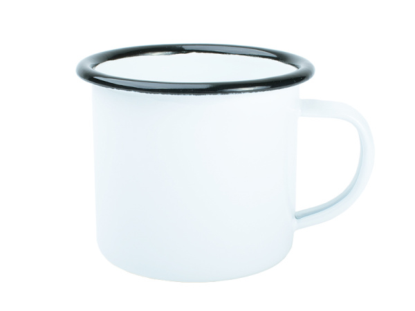 detail Smaltovaný plechový bílý hrnek SubliT 330 ml - černý lem