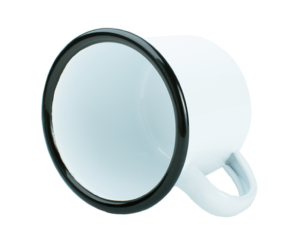 detail Smaltovaný plechový bílý hrnek SubliT 330 ml - černý lem