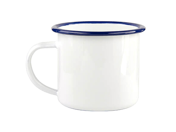 detail Smaltovaný plechový bílý hrnek SubliT 330 ml - modrý lem