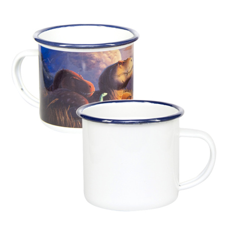 detail Smaltovaný plechový bílý hrnek SubliT 330 ml - modrý lem