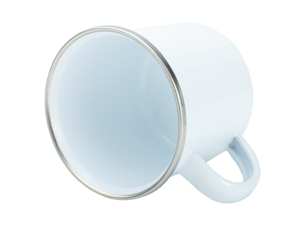 detail Smaltovaný plechový bílý hrnek SubliT 330 ml - stříbrný lem