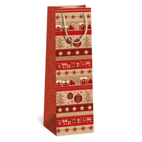 Dárková taška vánoční na láhev 11x36cm natural mix motivů