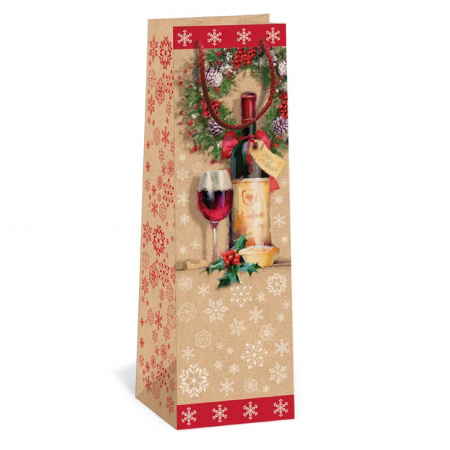 detail Dárková taška vánoční na láhev 11x36cm natural mix motivů