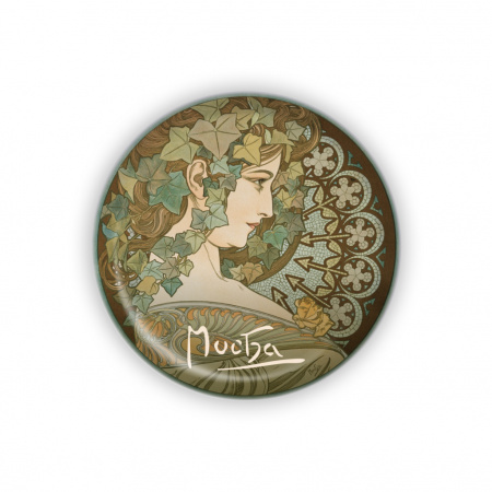 detail Kovový otvírák Alfons Mucha - Ivy, o 5,8 cm