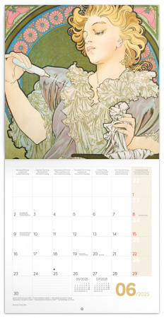 detail Poznámkový kalendář Alfons Mucha 2025, 30 × 30 cm